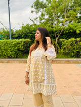 Women's Beige Chikankari Embroidered Kurta Set with Straight Pants