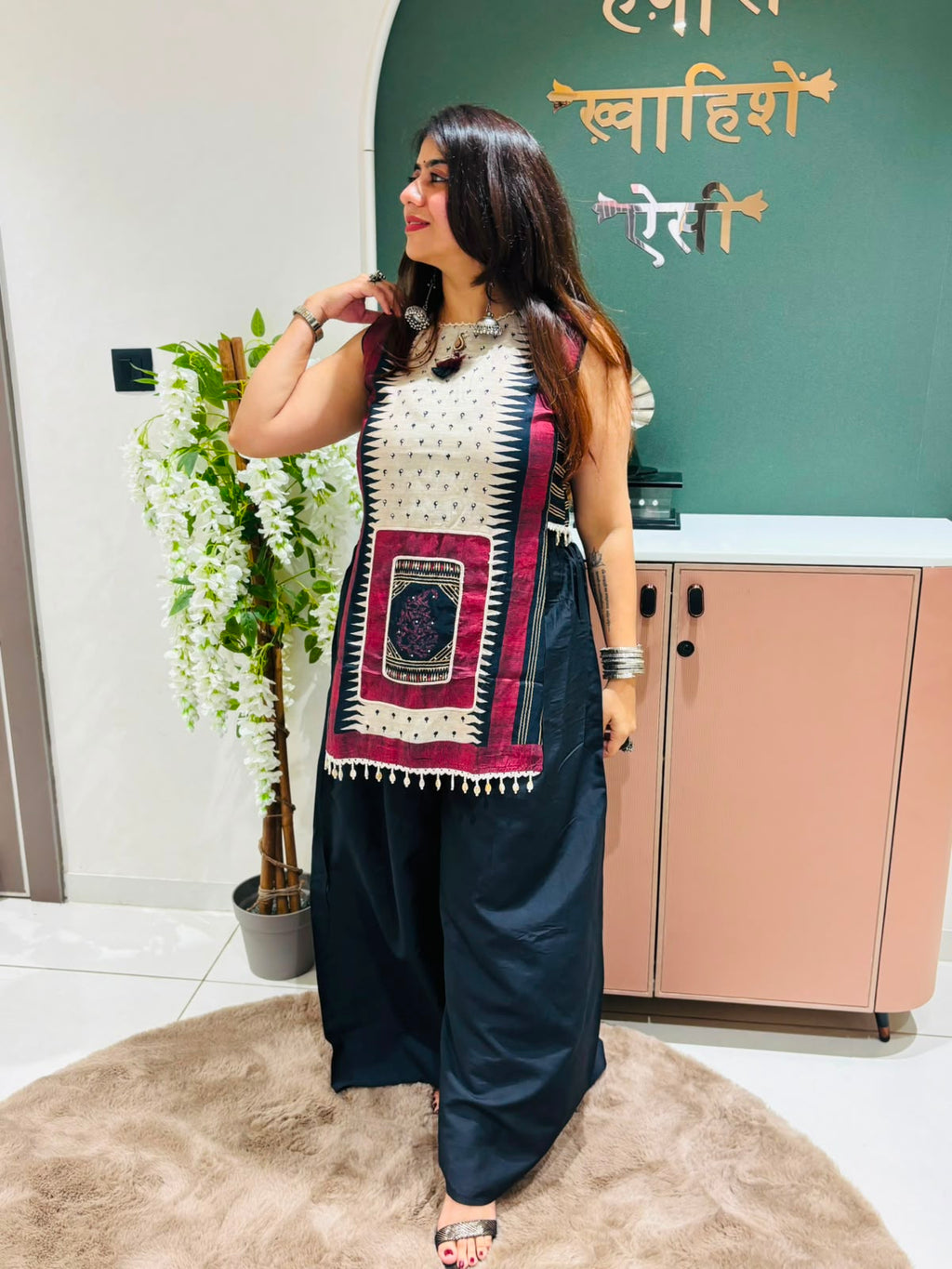 Black Printed Sleeveless Kurta with Palazo  Set for Women | Ethnic Wear