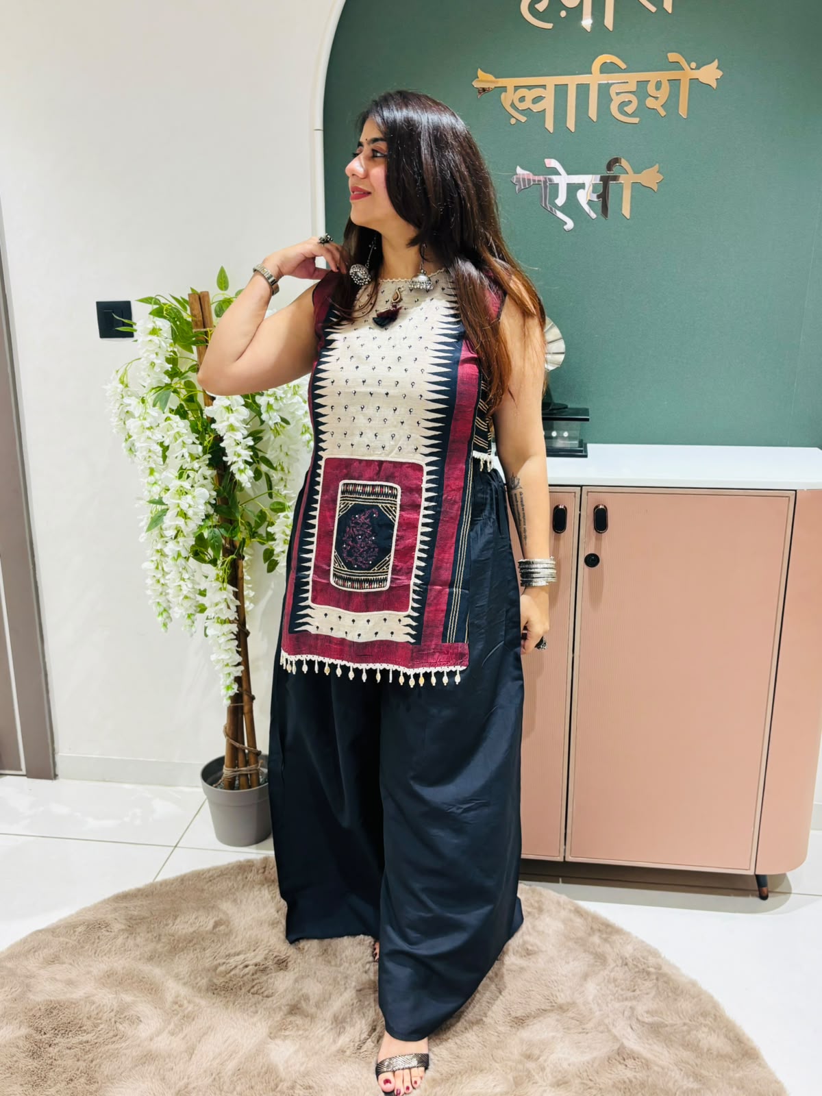 Black Printed Sleeveless Kurta with Palazo  Set for Women | Ethnic Wear