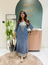 Steel Blue Embroidered Straight Kaftan Dress