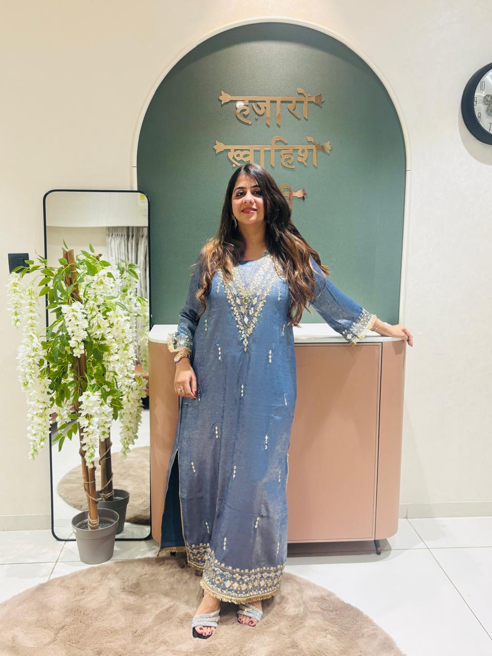 Steel Blue Embroidered Straight Kaftan Dress