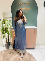Steel Blue Embroidered Straight Kaftan Dress