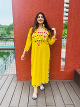Women's Mustard Yellow Cotton Kurta pants  with Mirror Work & Pink Tassel Detailing | Festive Ethnic Wear