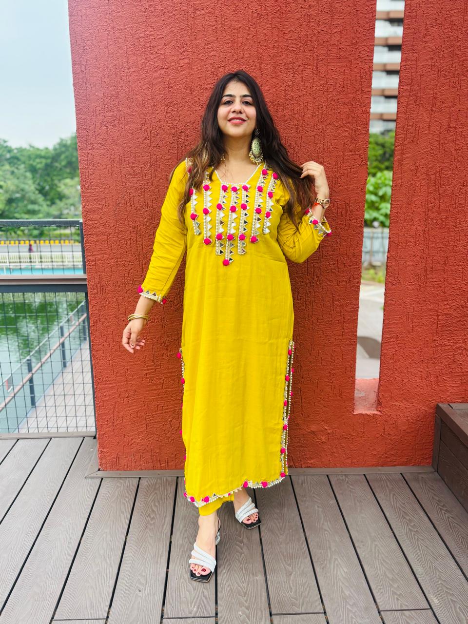 Women's Mustard Yellow Cotton Kurta pants  with Mirror Work & Pink Tassel Detailing | Festive Ethnic Wear