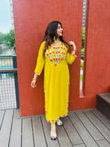 Women's Mustard Yellow Cotton Kurta pants  with Mirror Work & Pink Tassel Detailing | Festive Ethnic Wear