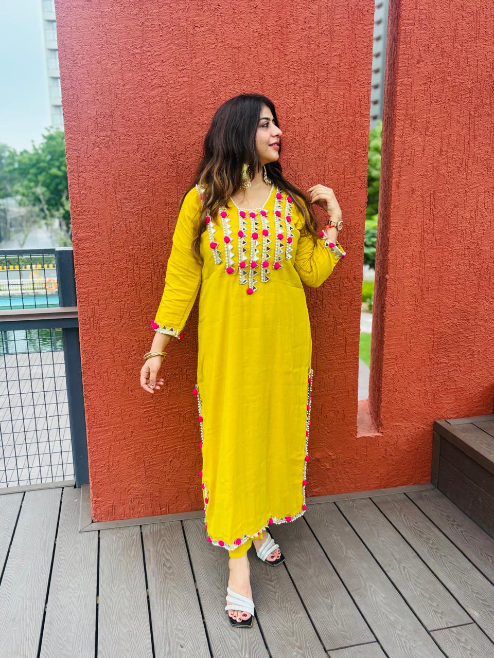 Women's Mustard Yellow Cotton Kurta pants  with Mirror Work & Pink Tassel Detailing | Festive Ethnic Wear