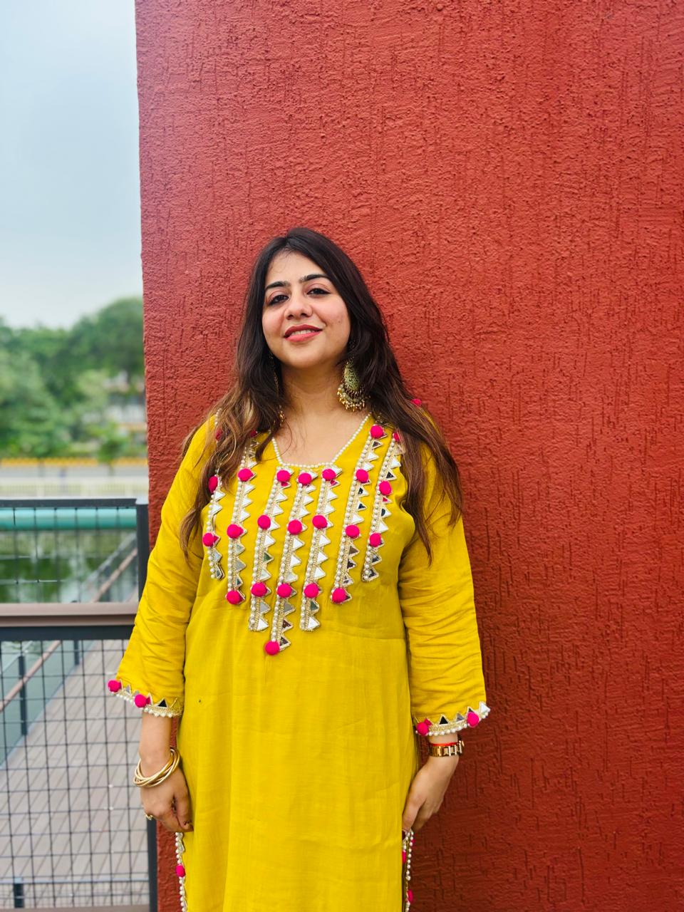 Women's Mustard Yellow Cotton Kurta pants  with Mirror Work & Pink Tassel Detailing | Festive Ethnic Wear