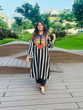 Black & White Striped Cotton Pakistani Kurta set for Women | Printed Ethnic Wear