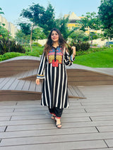 Black & White Striped Cotton Pakistani Kurta set for Women | Printed Ethnic Wear