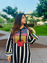 Black & White Striped Cotton Pakistani Kurta set for Women | Printed Ethnic Wear