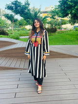Black & White Striped Cotton Pakistani Kurta set for Women | Printed Ethnic Wear