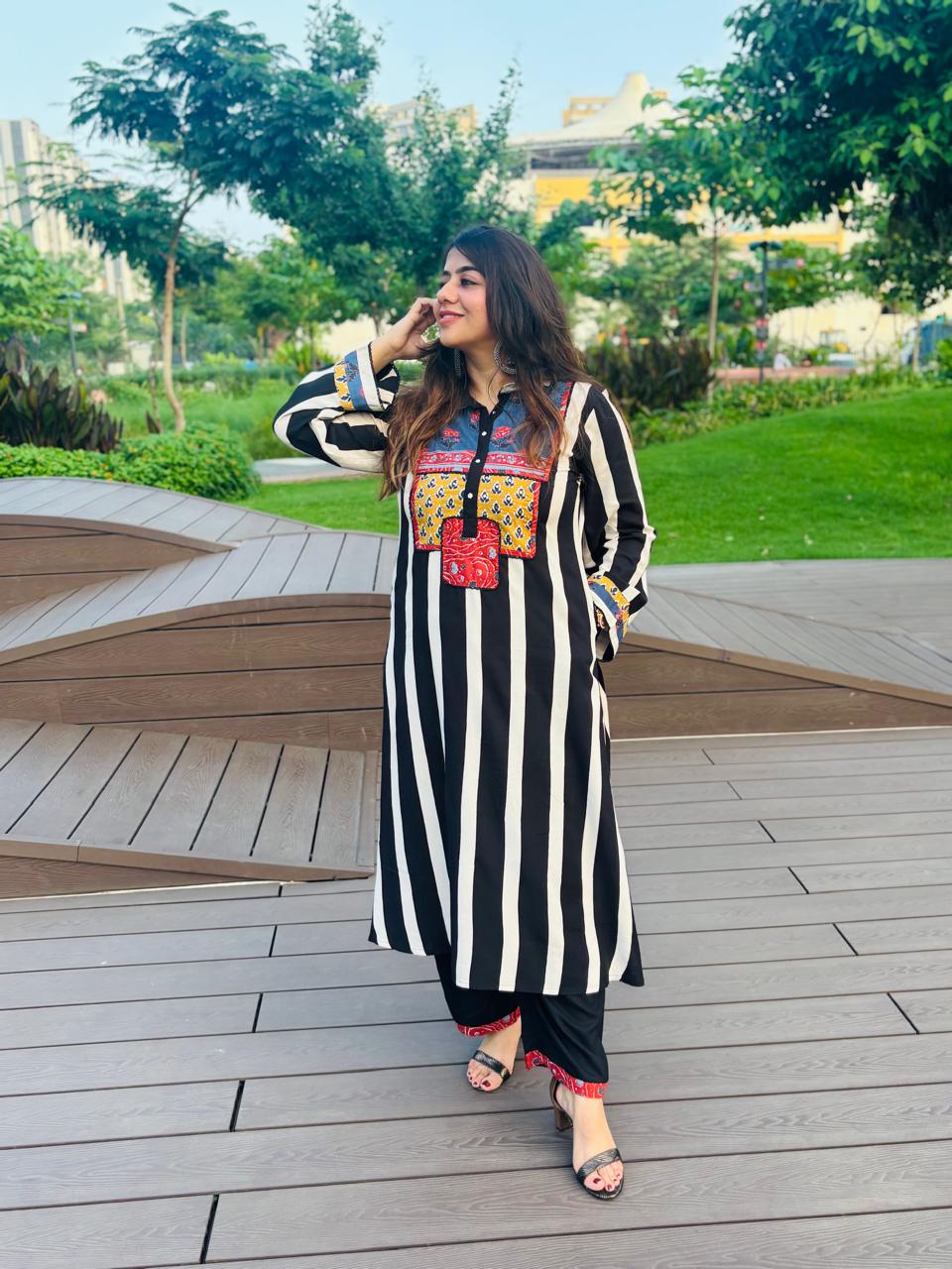 Black & White Striped Cotton Pakistani Kurta set for Women | Printed Ethnic Wear