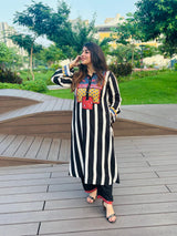 Black & White Striped Cotton Pakistani Kurta set for Women | Printed Ethnic Wear