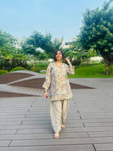 Metallic Floral Printed Embroidered 3-Piece Farshi Suit with Dupatta