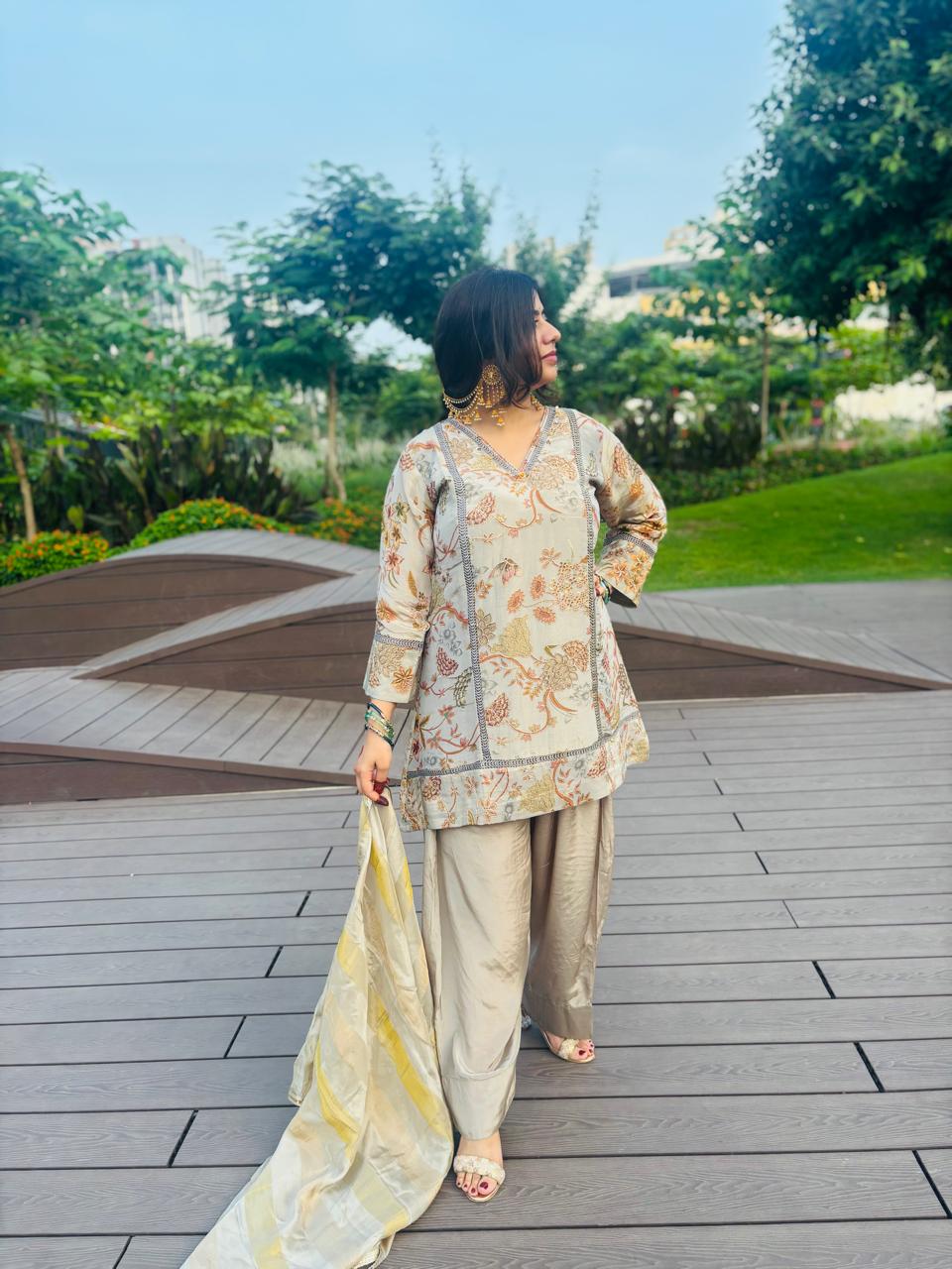 Metallic Floral Printed Embroidered 3-Piece Farshi Suit with Dupatta