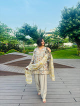 Metallic Floral Printed Embroidered 3-Piece Farshi Suit with Dupatta