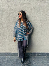 Blue Printed Indo-Western Co-ord Set with Straight Pants