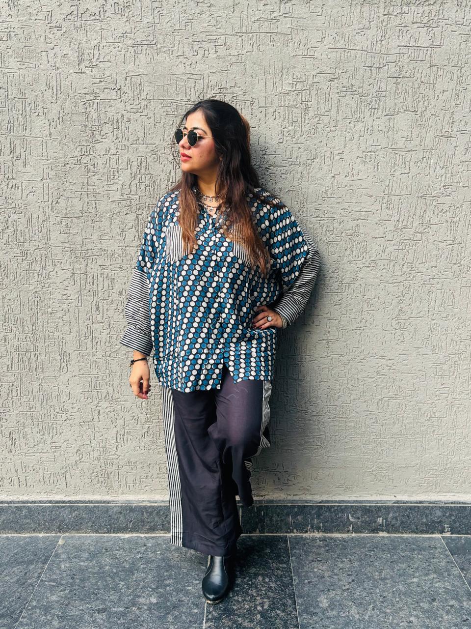 Blue Printed Indo-Western Co-ord Set with Straight Pants