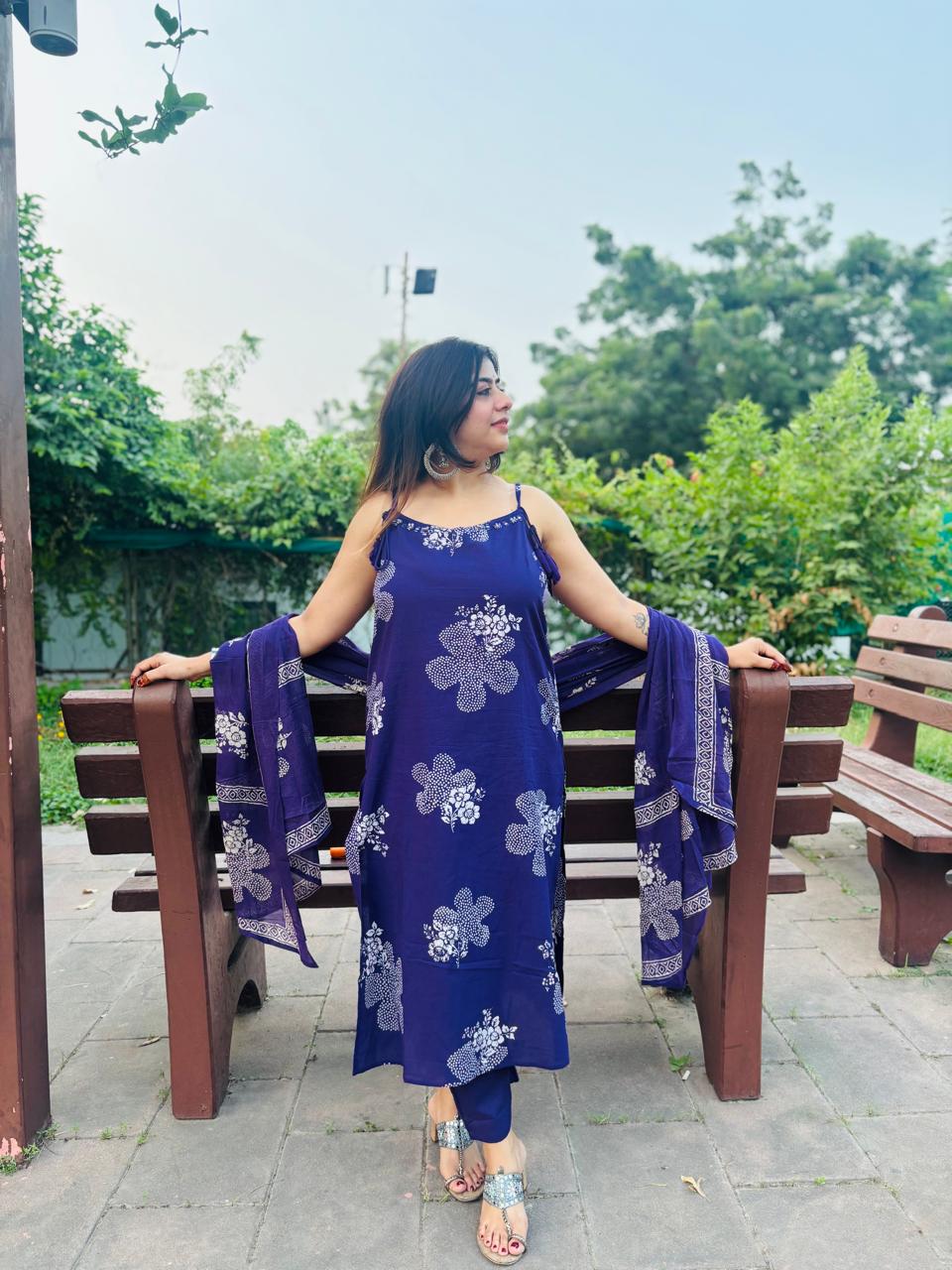Purple Floral Printed Spaghetti Strap Kurta Set with Dupatta