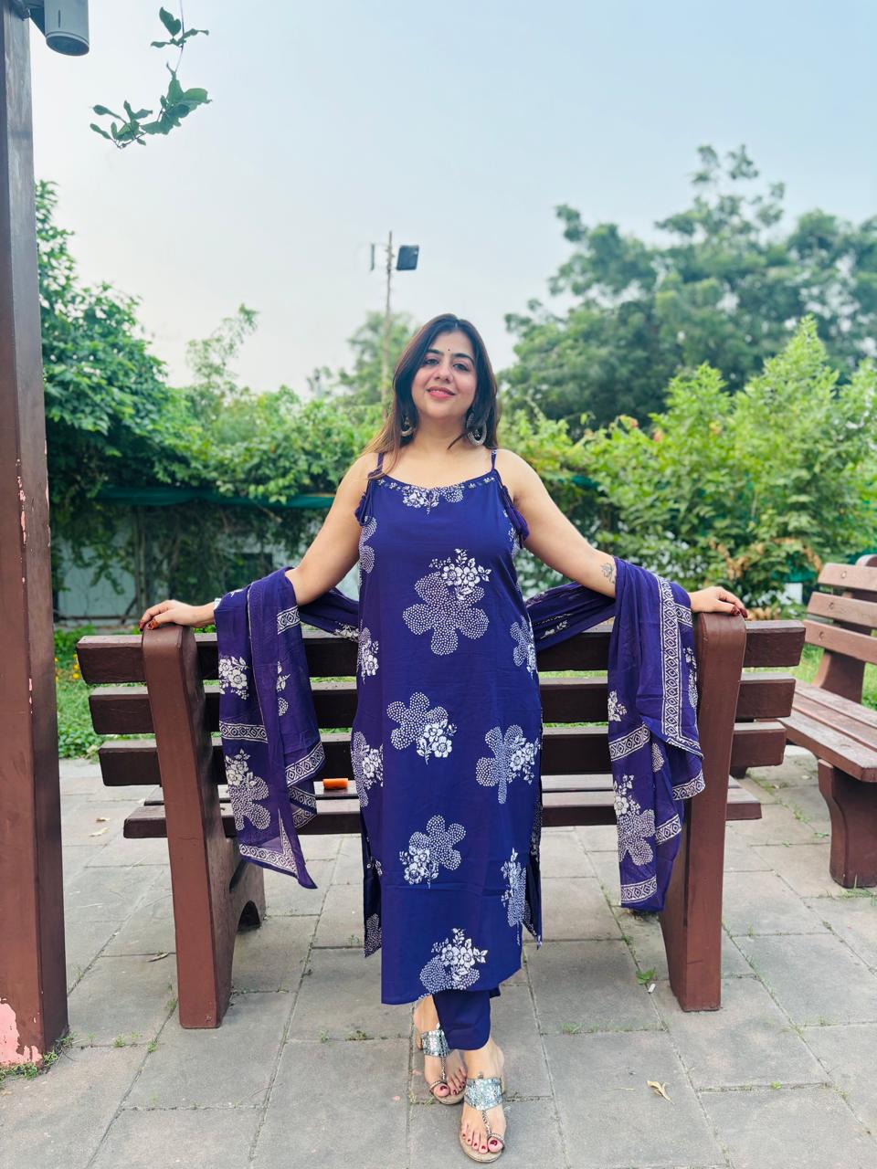 Purple Floral Printed Spaghetti Strap Kurta Set with Dupatta