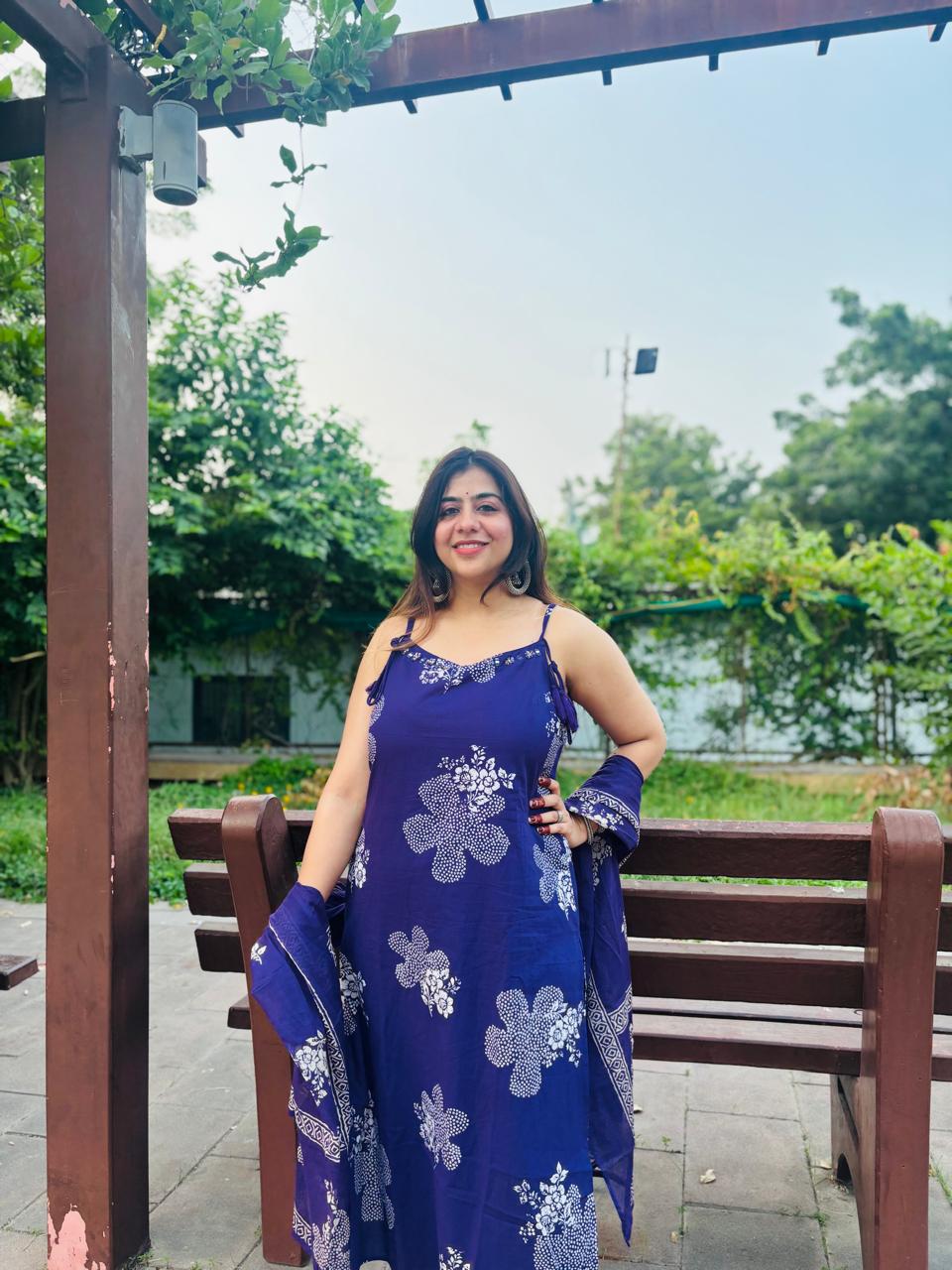 Purple Floral Printed Spaghetti Strap Kurta Set with Dupatta