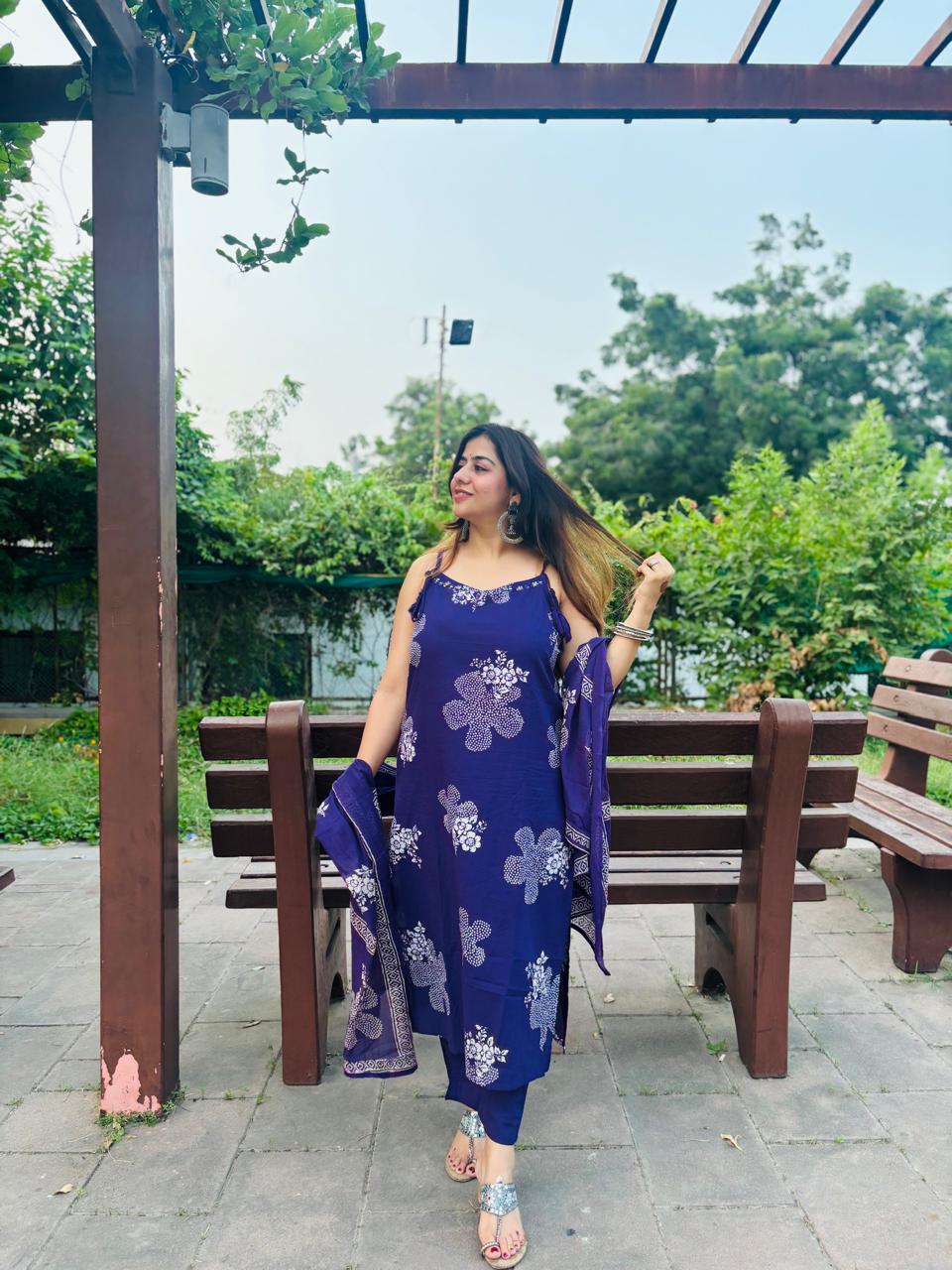 Purple Floral Printed Spaghetti Strap Kurta Set with Dupatta