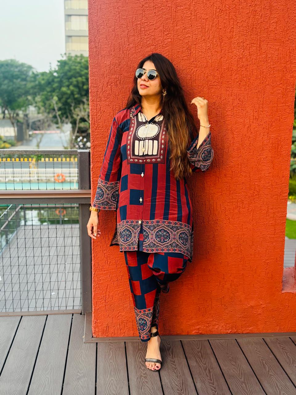 Women’s Red & Navy Crepe Co-Ord Set with Designer Print