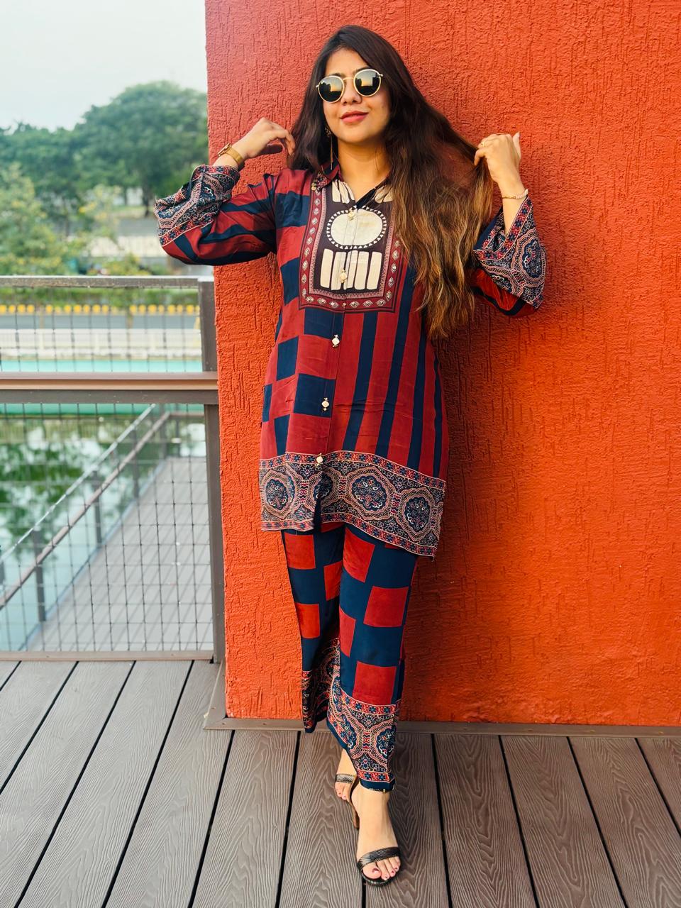 Women’s Red & Navy Crepe Co-Ord Set with Designer Print