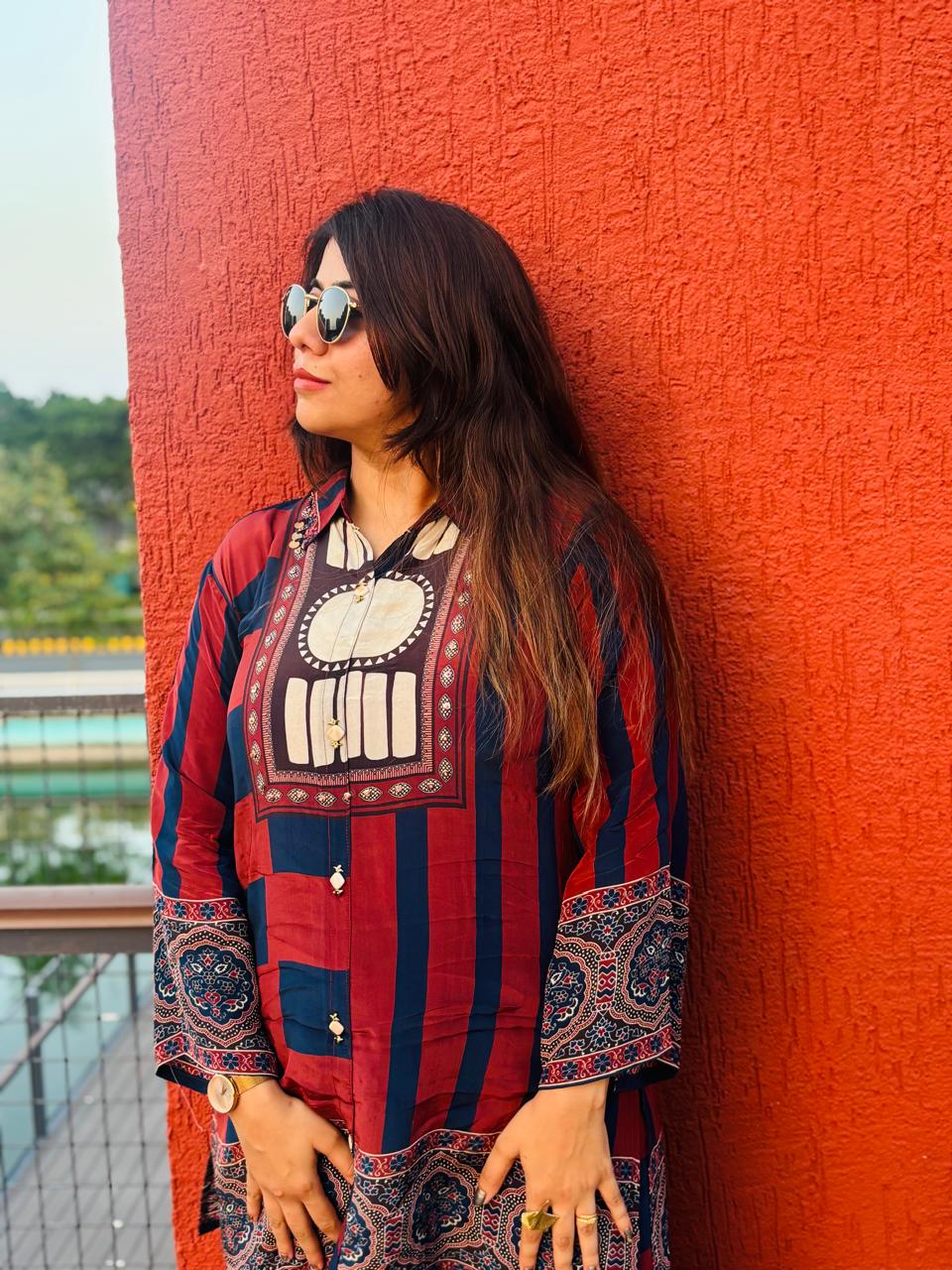 Women’s Red & Navy Crepe Co-Ord Set with Designer Print