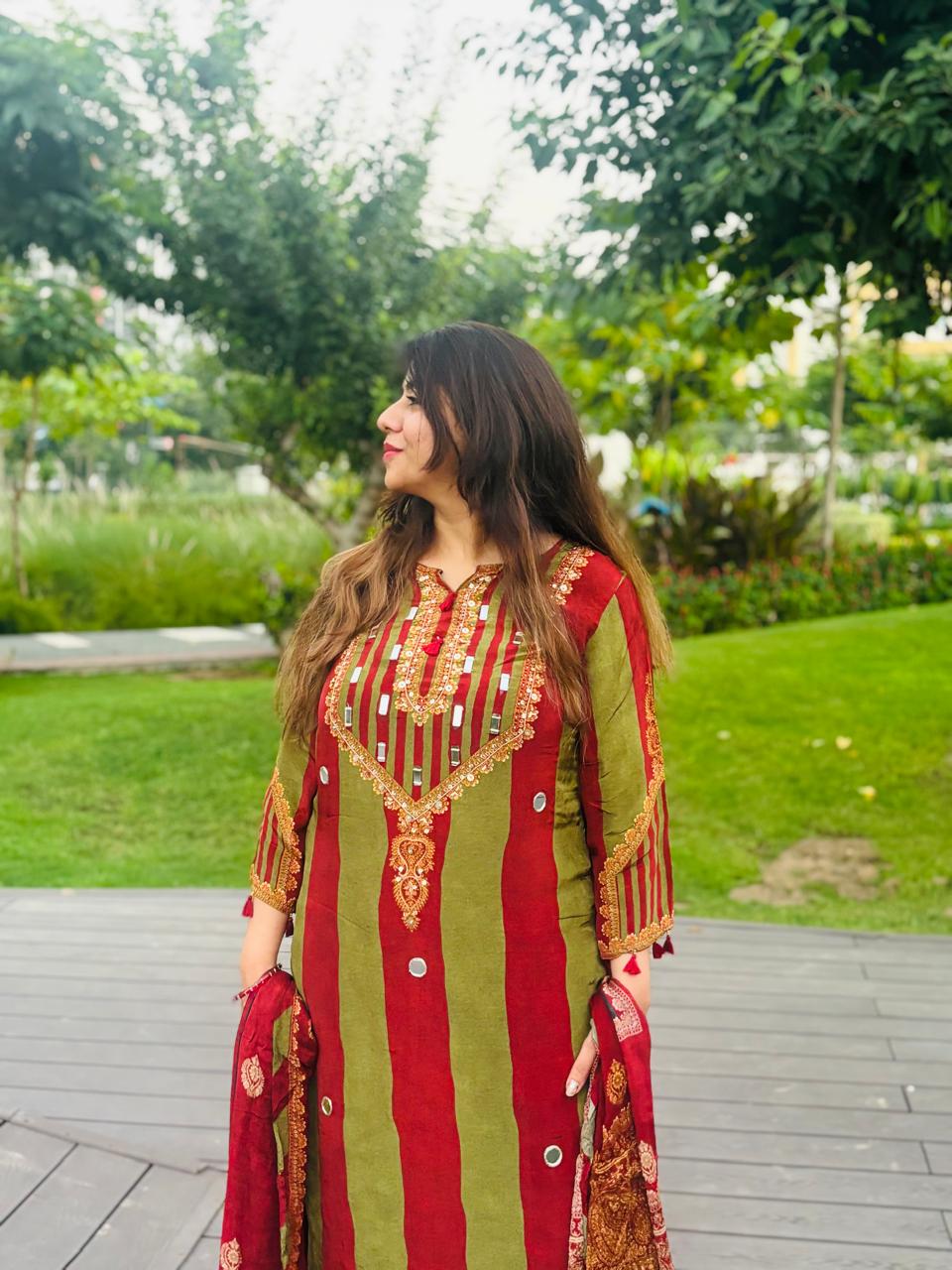 Women’s Red & Olive Green Embroidered Kurta Set with Wide-Leg Pants & Dupatta