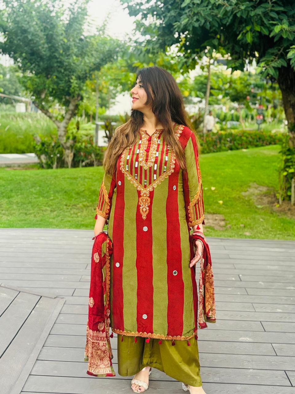 Women’s Red & Olive Green Embroidered Kurta Set with Wide-Leg Pants & Dupatta