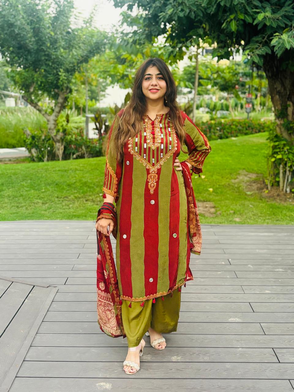Women’s Red & Olive Green Embroidered Kurta Set with Wide-Leg Pants & Dupatta