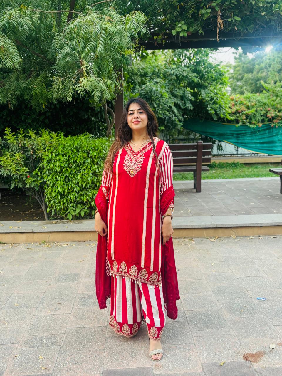 Red & Ivory Embroidered Kurta Palazzo Dupatta Set for Women | Ethnic Festive Wear