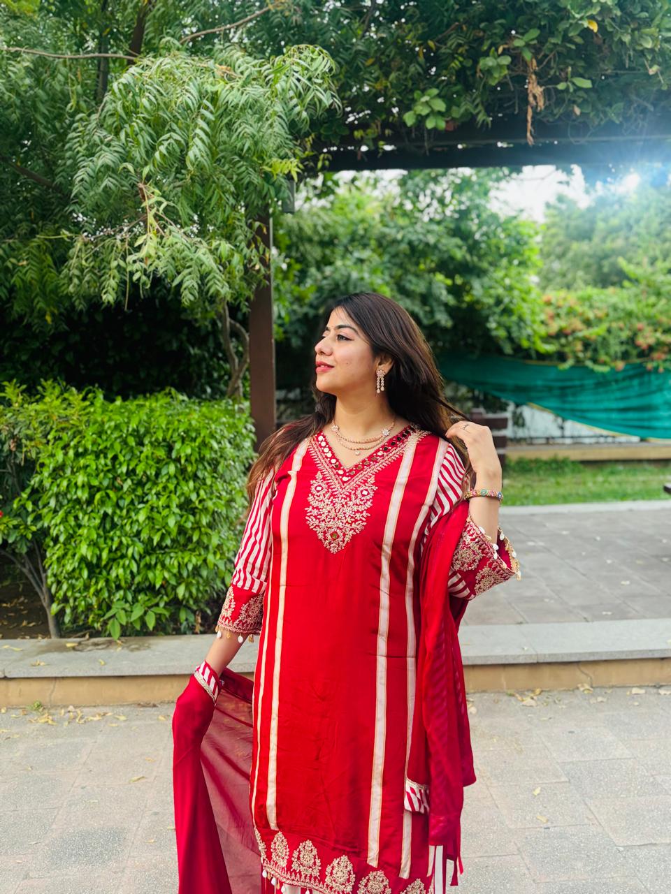 Red & Ivory Embroidered Kurta Palazzo Dupatta Set for Women | Ethnic Festive Wear