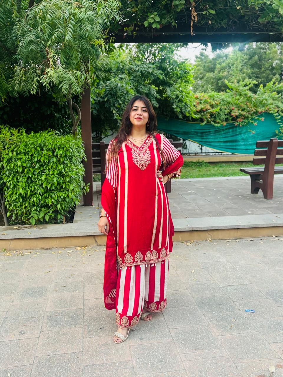 Red & Ivory Embroidered Kurta Palazzo Dupatta Set for Women | Ethnic Festive Wear