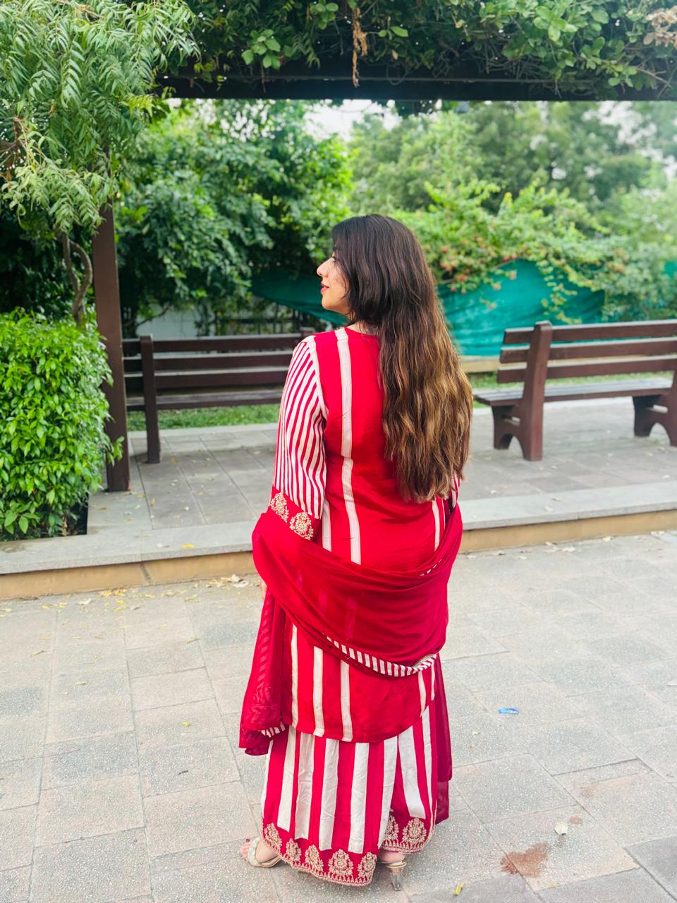 Red & Ivory Embroidered Kurta Palazzo Dupatta Set for Women | Ethnic Festive Wear