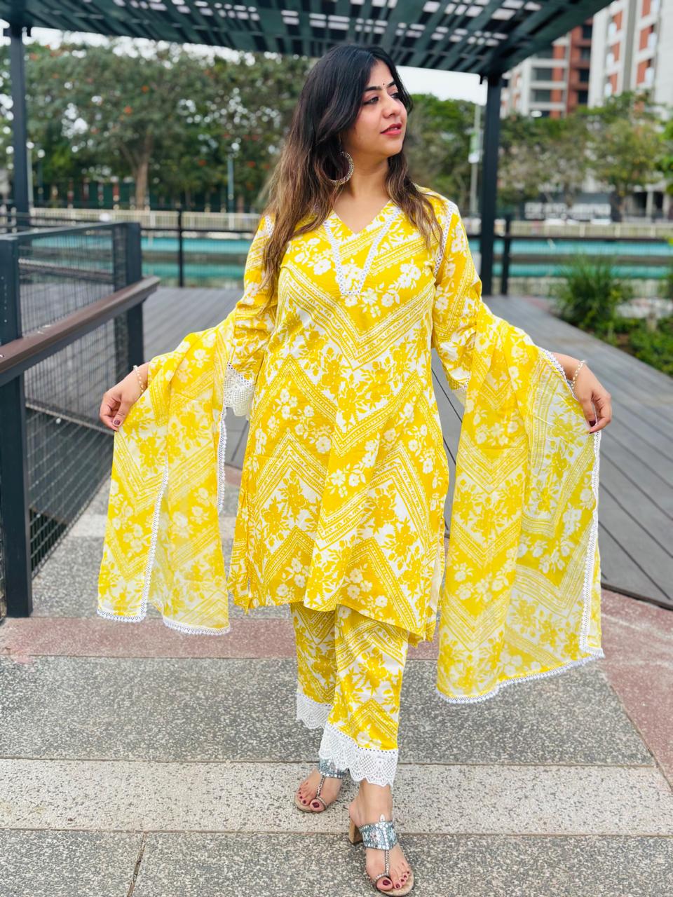 Sunshine Yellow Floral Printed Kurta Set for Women