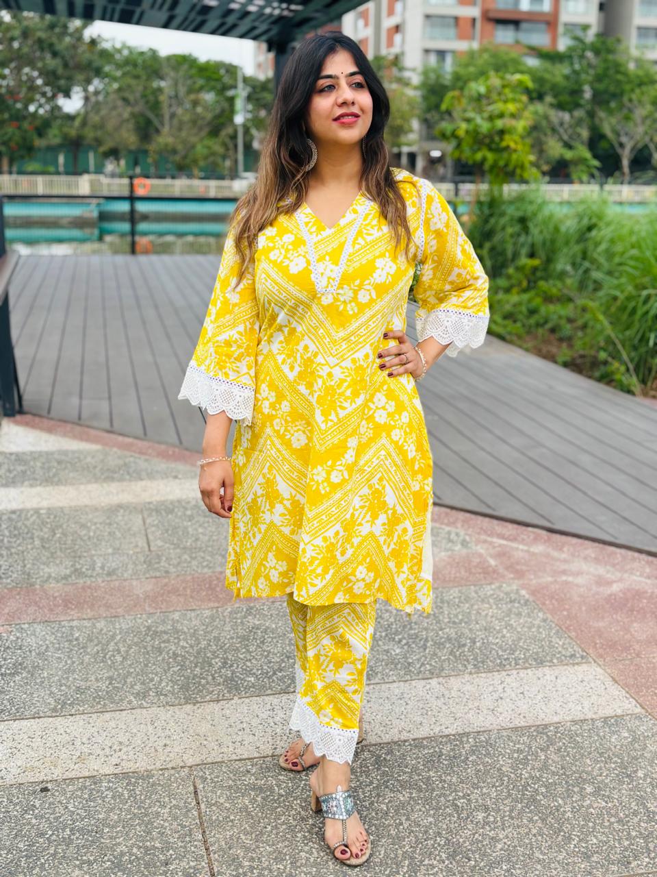 Sunshine Yellow Floral Printed Kurta Set for Women