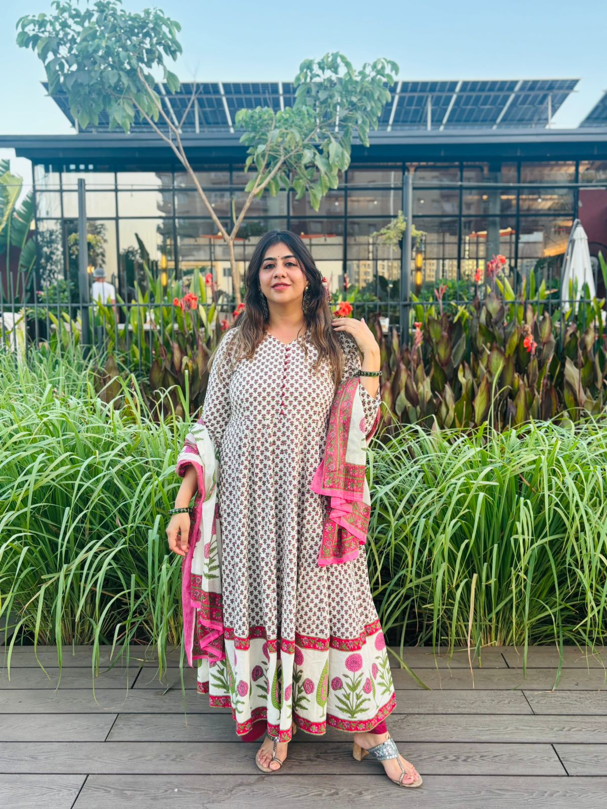 White Anarkali Block Print