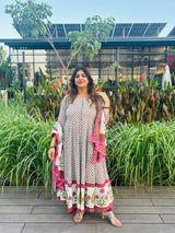 White Anarkali Block Print