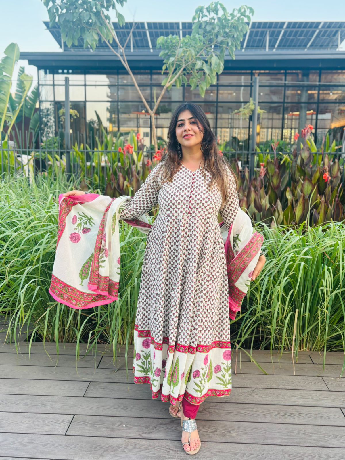 White Anarkali Block Print