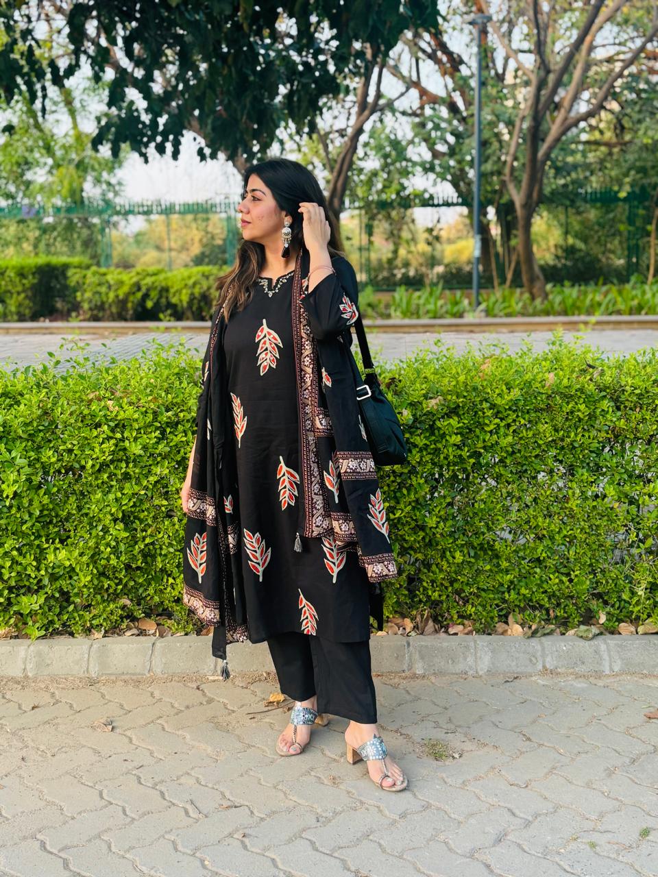 Midnight Elegance Black Cotton Printed Kurta Set with Dupatta