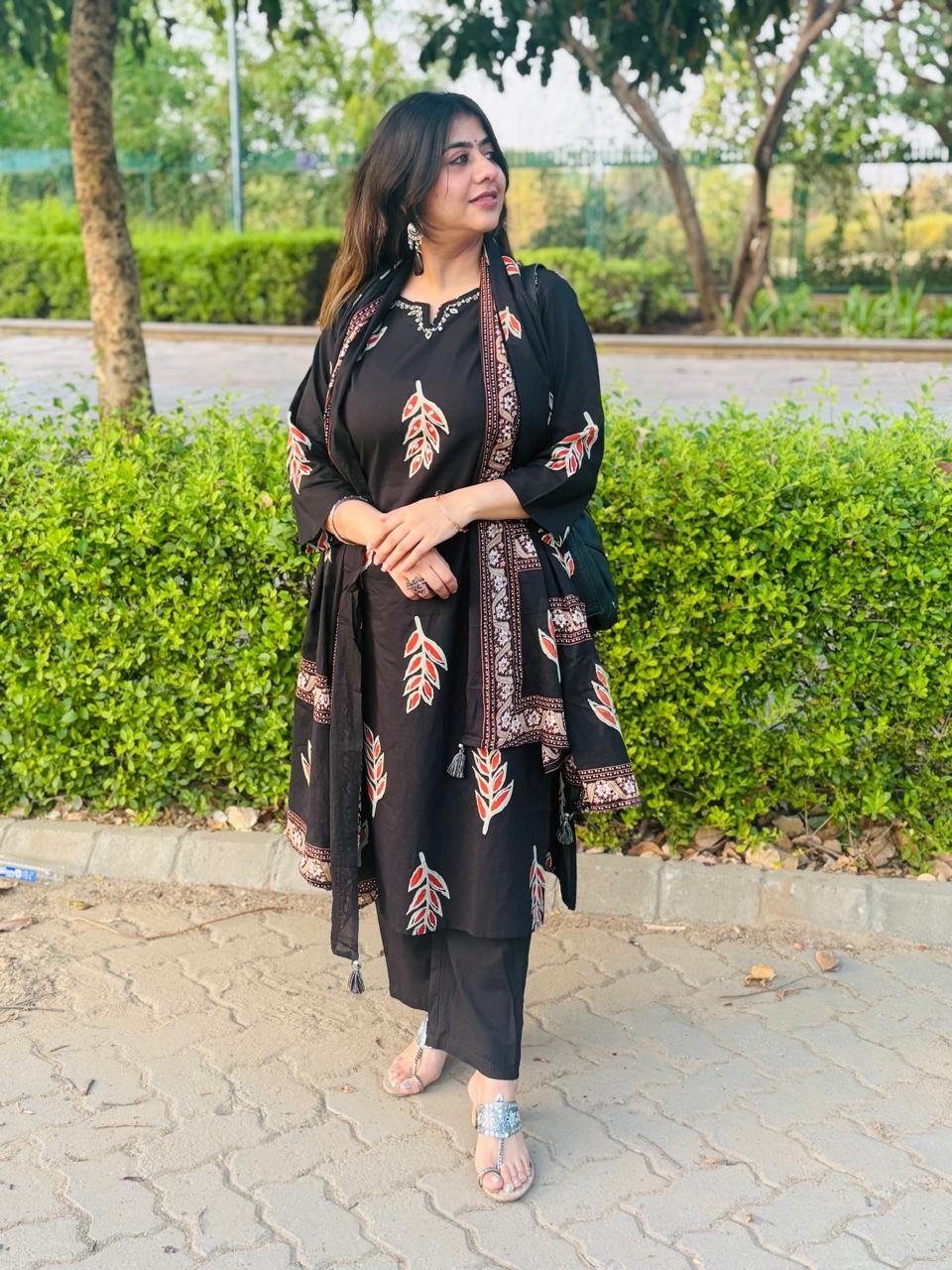 Midnight Elegance Black Cotton Printed Kurta Set with Dupatta
