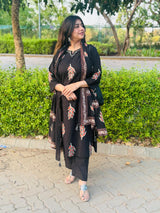 Midnight Elegance Black Cotton Printed Kurta Set with Dupatta