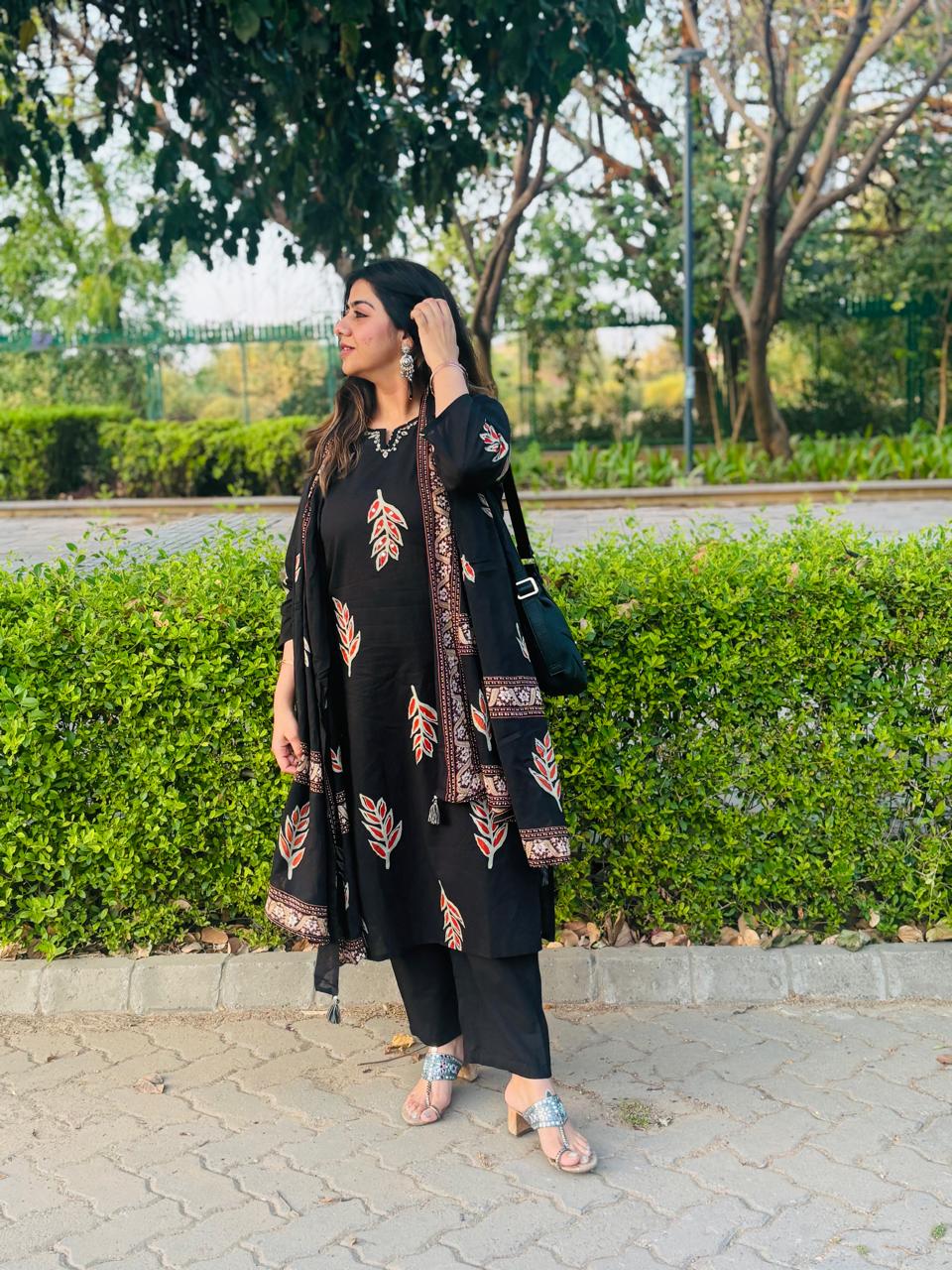 Midnight Elegance Black Cotton Printed Kurta Set with Dupatta
