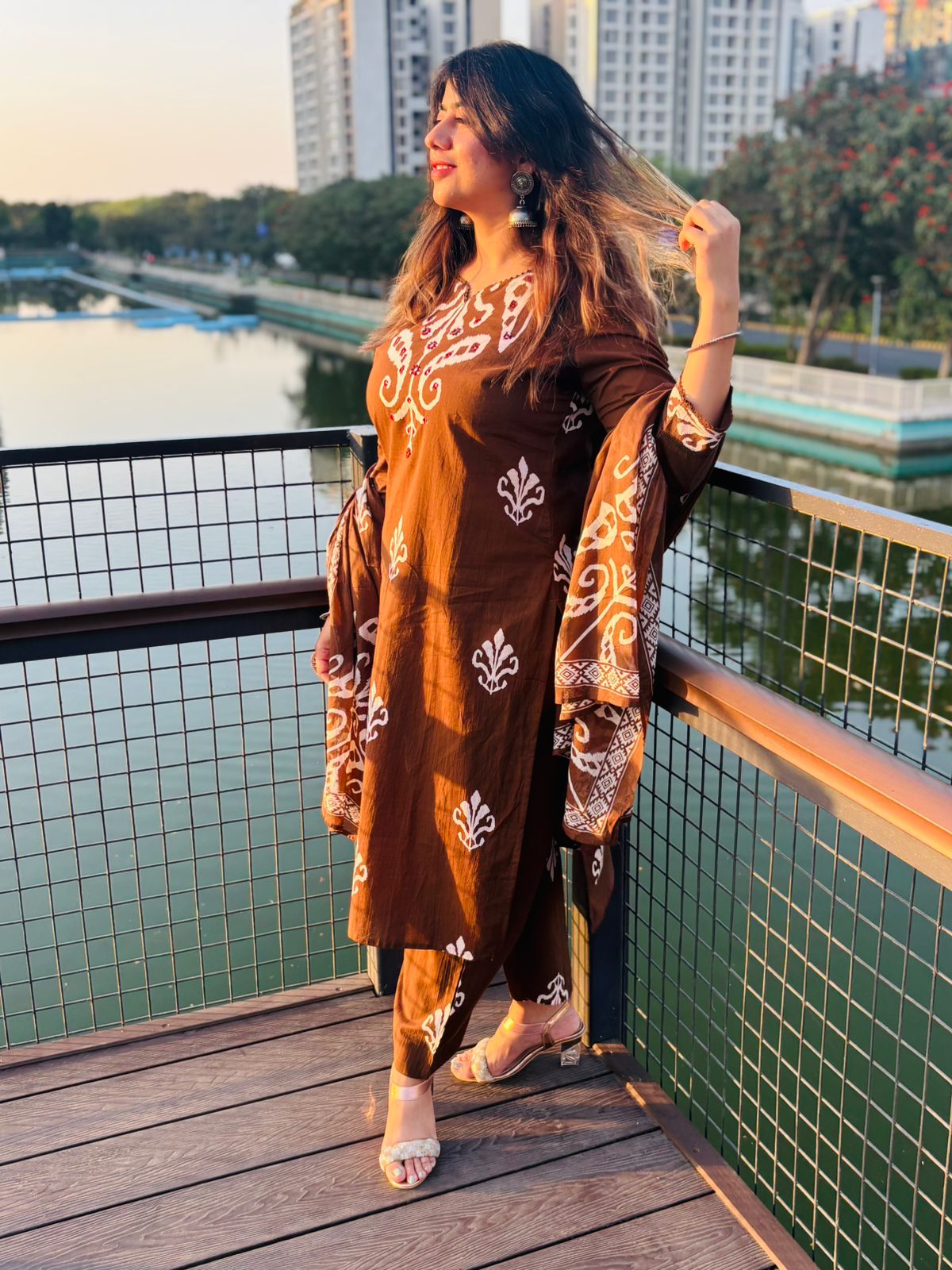 Elegant Coffee Brown Printed Kurta Set with Dupatta