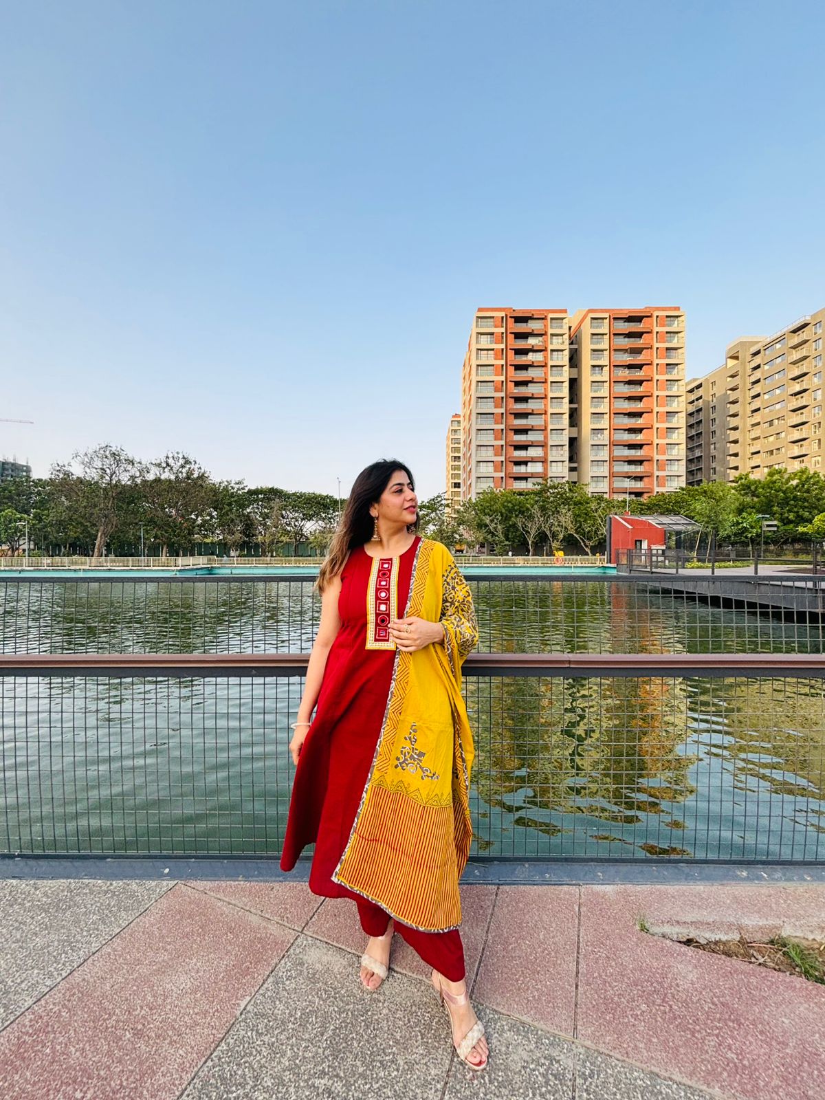 Elegant Maroon A-Line Kurta Set with Embroidered Neckline & Mustard Dupatta
