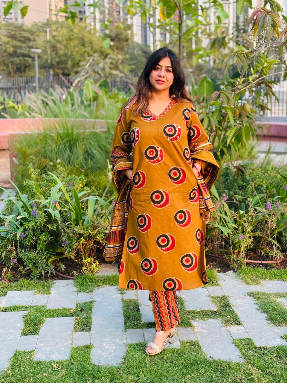 Mustard Moon Print Cotton Kurta Set with Dupatta