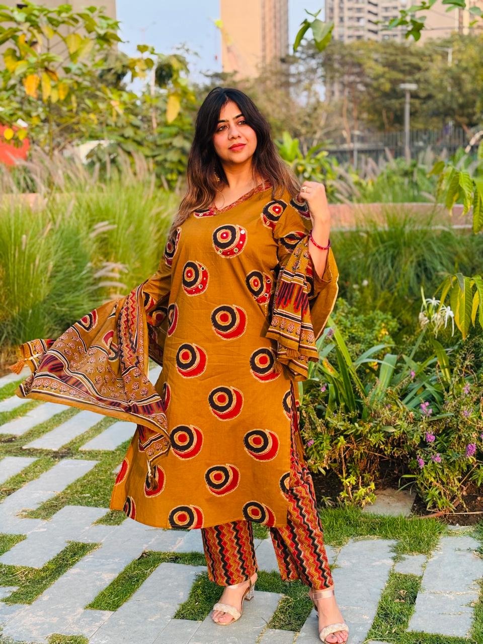 Mustard Moon Print Cotton Kurta Set with Dupatta