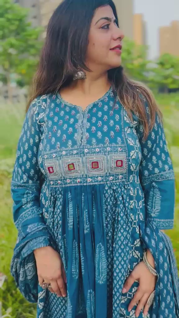 Indigo Block Print Anarkali Suit Set with Dupatta